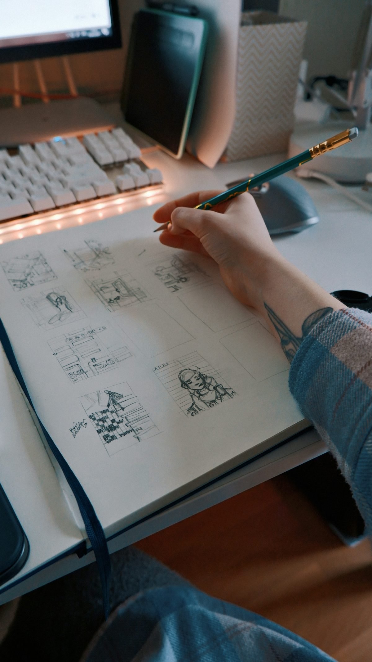 A person drawing ideas in a notebook at a desk