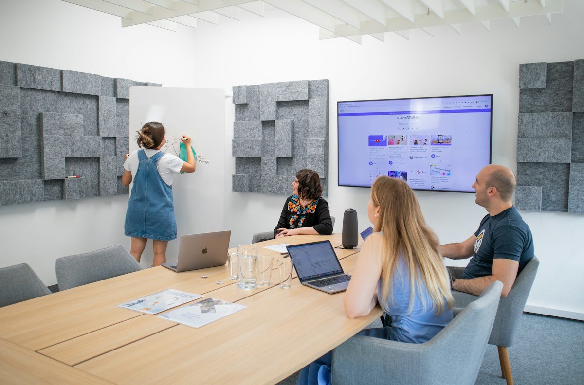 A team reviewing a marketing presentation around a table